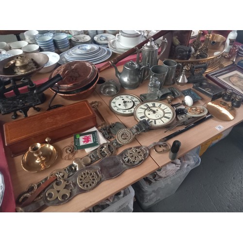 54 - Mixed wood and metalware including brass lamps, weighing scales, wooden box, boxed canary etc