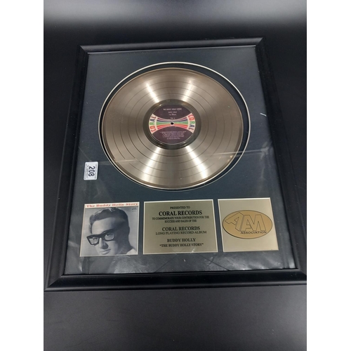 208 - A framed Buddy Holly gold record award - an A.A.M Association certified gold LP award presented to C... 