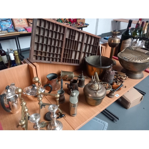 51 - A brass coal scuttle, jam pot, kettles, fire dogs etc