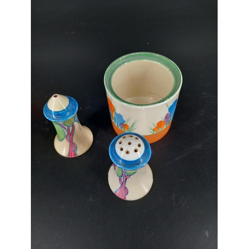 232 - A Clarice Cliff (Crocus) jam pot (missing the cover) and a Clarice Cliff salt and pepper shaker - ch... 