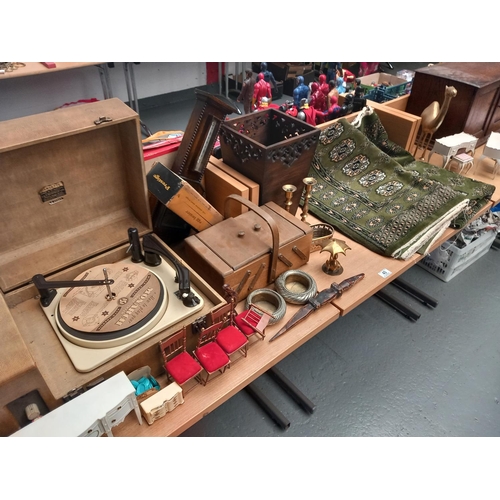 40 - Vintage items including dansette turntable, rugs, brasswre, oak cabinet etc