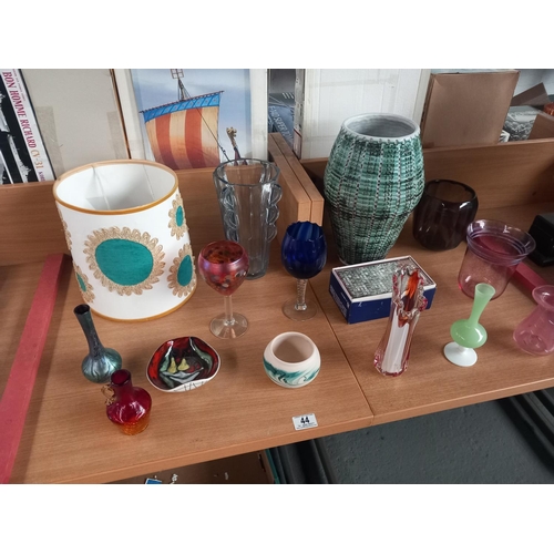 44 - Collection of art glass and studio pottery to include Okra, Sowerby and several signed pieces