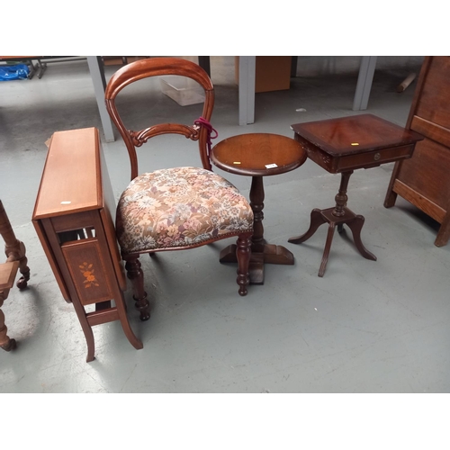 114 - A small drop leaf table, bedroom chair and two side tables