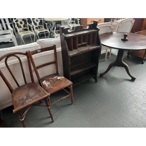 137 - An oak bureau, two chairs and a georgian mahogany tilt top table