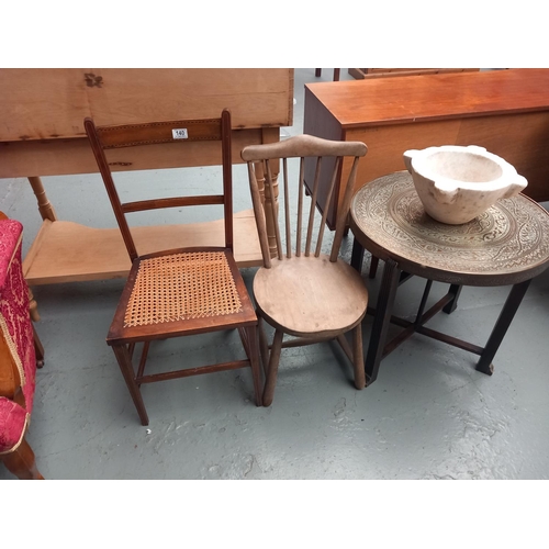 140 - A caned seated bedroom chair, hall chair, brass top folding table and a plant pot