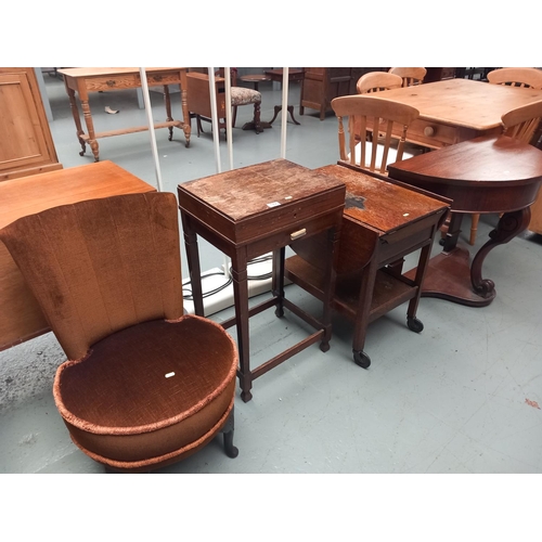 142 - A hall table, nursing chair, cuttlery cabinet and a small drop leaf table