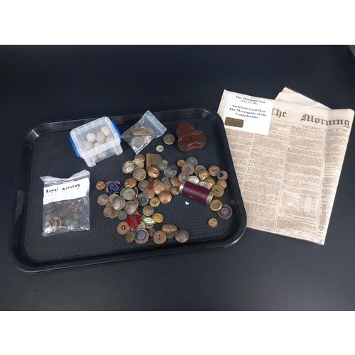 225 - Military buttons, musket balls, pin badges and a civil war (American) morning star newspaper dated 1... 