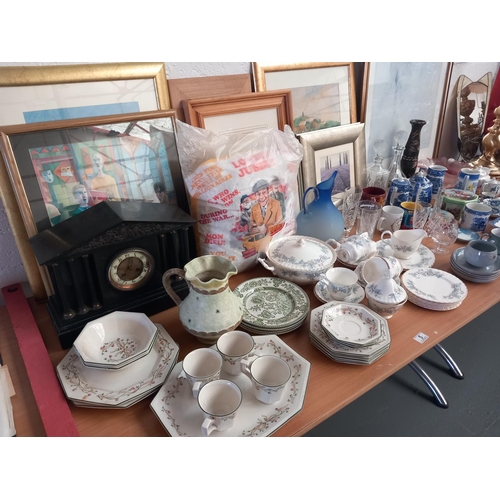 5 - Decorative household items including artwork, glass decanters, eternal bow part dinner service etc