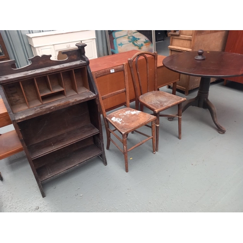 118 - An oak bureau, two chairs and a georgian mahogany tilt top table