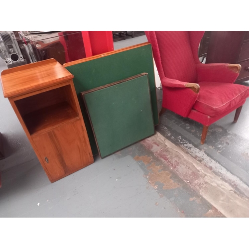 132 - Three folding card tables, armchair and a walnut pot cupboard