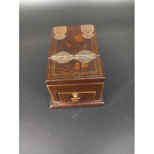 215 - A small Japanese hand painted hardwood vanity/trinket box with folding mirror and single drawer 
Len... 