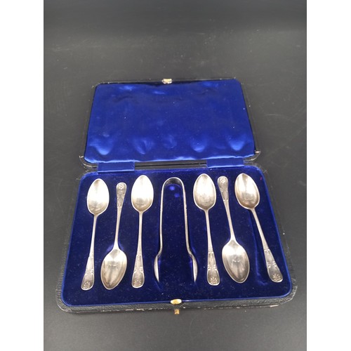 204 - A boxed set of six hallmarked silver teaspoons and sugar tongs hallmarks for Sheffield R.F Mosley an... 