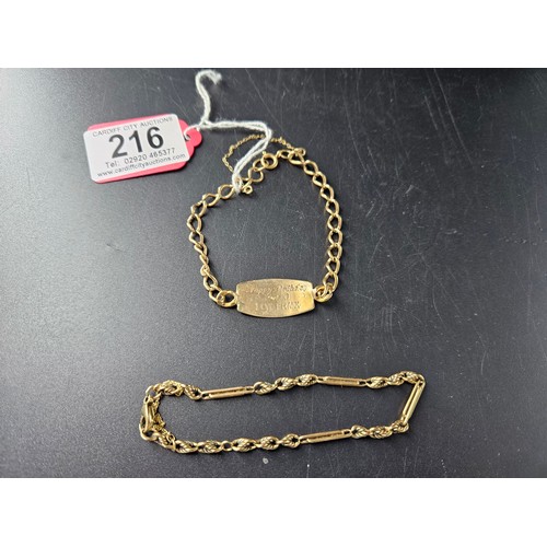 216 - Two 9k gold bracelets, one being an engraved identity bracelet - total weight 16.6 grams