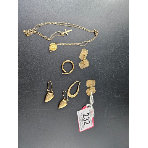 232 - 9k gold earrings, chain and pendant, cufflinks and scrap earrings - combined weight 8.4 grams