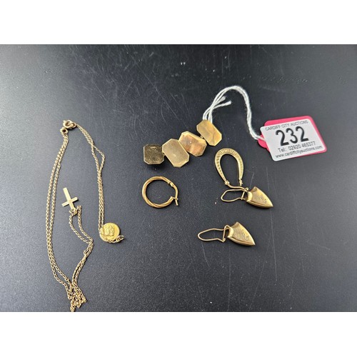 232 - 9k gold earrings, chain and pendant, cufflinks and scrap earrings - combined weight 8.4 grams