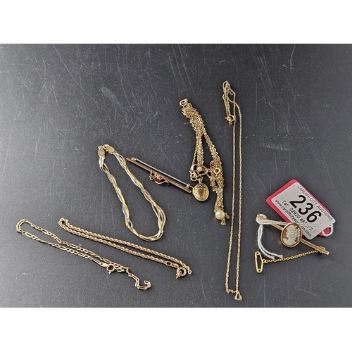 236 - 9k gold chains, locket, sweetheart and cameo bar brooches, chains and scrap gold - total weight incl... 