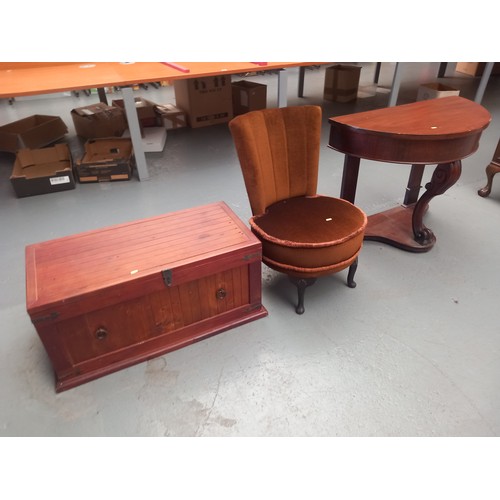 105 - A demi loom table, nursing chair and a small pine chest