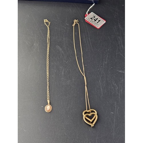 241 - A 9k gold double heart pendant and a 9k gold cameo pendant both on 9k gold chains weight including c... 