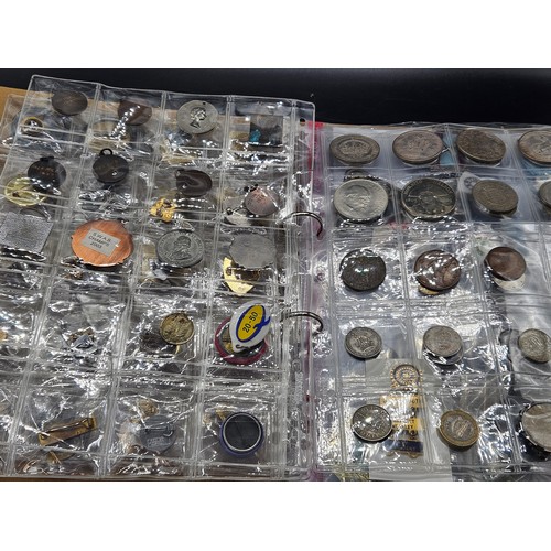 252 - A collection of pin badges, coins, medallions, cloth Scout badges, etc