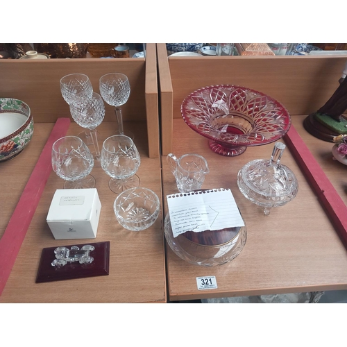 321 - Two crystal powder bowls, Waterford jug and bowl, glasses and a Royal Brierley crystal fruit bowl ru... 