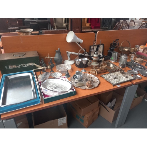 329 - Metalware including Anglepoise lamp, silver plated trays and tankards, brass aeroplane ornaments etc