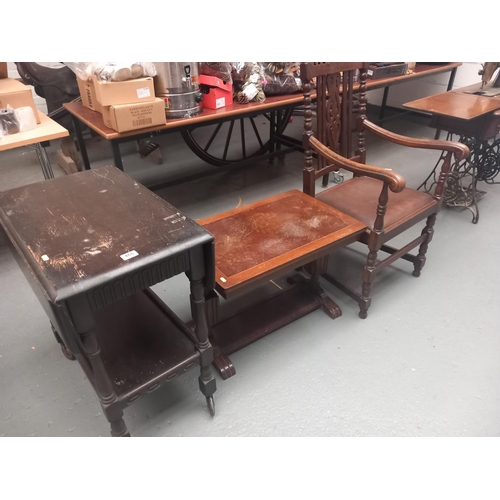 468 - An oak armchair, coffee table and a small drop leaf table