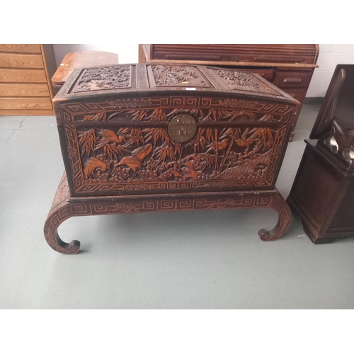 477 - A turn of the century carved Chinese camphor wood chest on stand

Height 94cm
Width 135cm
Depth 54cm