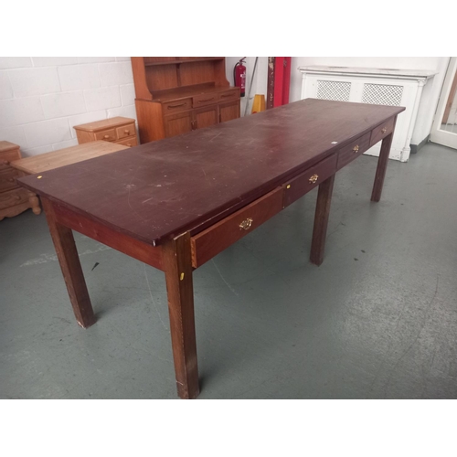 487 - A large teak conference/farmhouse table with four drawers

Height 84cm
Width 270cm
Depth 90cm