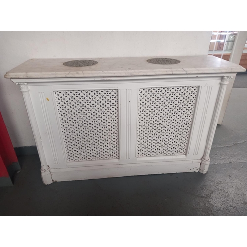 490 - An early marble top radiator cover/cabinet with case iron panels and brass inserts

Height 102cm
Wid... 