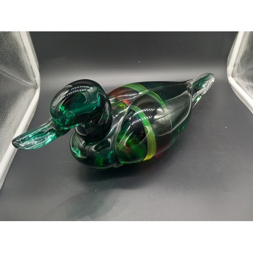 757 - Large Murano duck made by Seguso Viro - green with band of red and yellow signed Seguso Viro Murano ... 