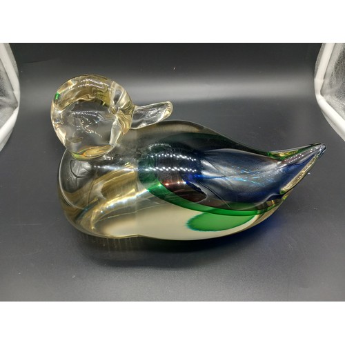 758 - A large Murano triple Sommerso glass duck in the manner of Luigi Onesto - length 27cm