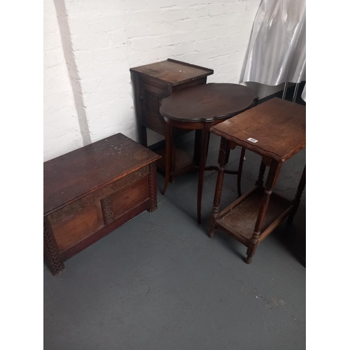 645 - An oak blanket box made out the wood from the House of Dorothy Vernon (1939-2014), two lamp tables a... 