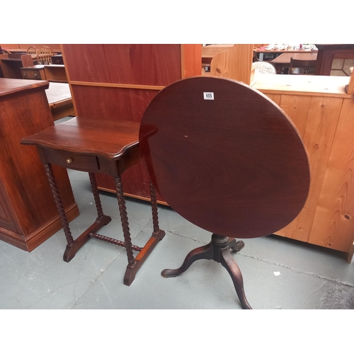 655 - A tall hall lamp table with drawer and a mahogany tilt top lamp table