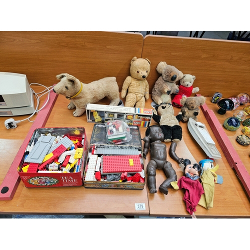 379 - Vintage Lego, teddy bears, mohair dog, puppets, etc