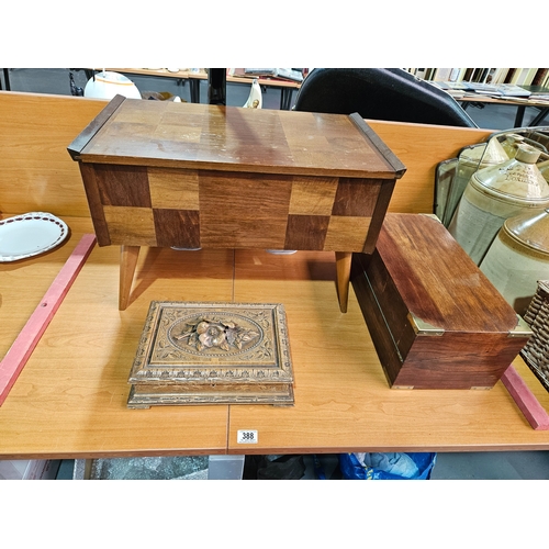 388 - A mid century sewing/work box together with a mahogany writing slop and a carved wooden jewellery bo... 