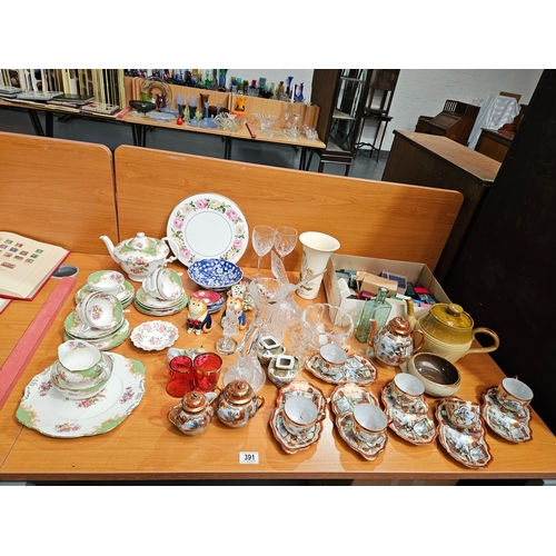 391 - Assorted china and glass to include part Paragon tea set, oriental tea set, crystal, etc