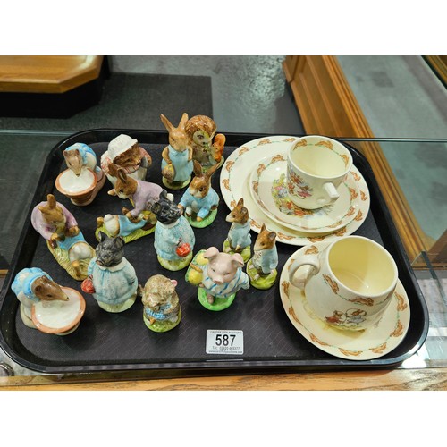 587 - Bunnykins cups and plates and a collection of Beswick figures - Pig Wig, Peter Rabbit, etc