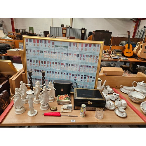 328 - A group of Wedgwood figurines, brass snuff tin, jewellery box, Royal Doulton coffee service, and a p... 