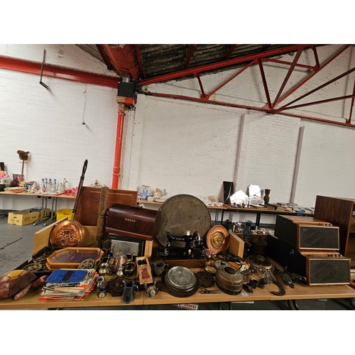 341 - A lot of vintage items to include metalware, Staunton chess set, cased Singer sewing machine, Grenad... 