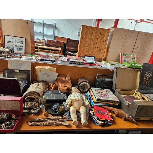 349 - A vintage lot to include records, pictures, animal hide, boxed clarinet, portable turntable, etc