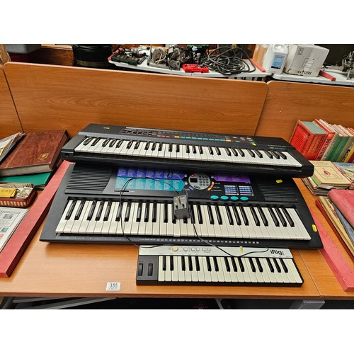 355 - 2 x Yamaha keyboards, a Casio keyboard and an iRigKeys keyboard controller - stands are located unde... 