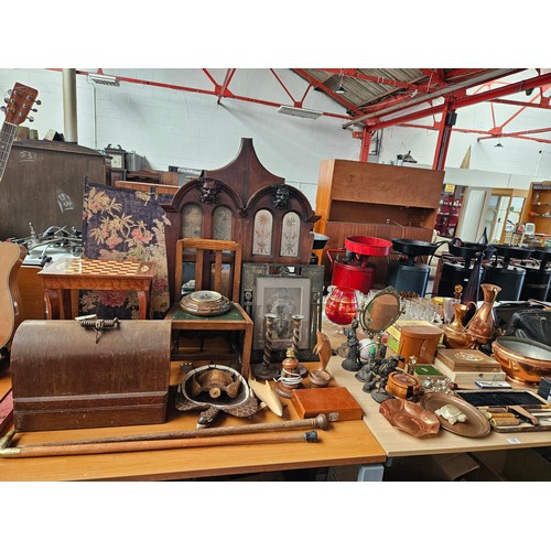 358 - A large quantity of metalware and vintage items to include an accordion, vintage ice skates, copperw... 