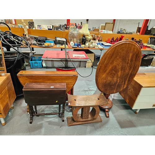 403 - Mahogany tilt top table, 2 Sutherland tables and a hardwood stool