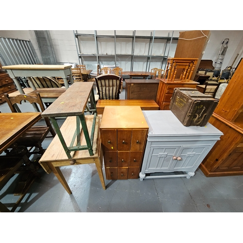 414 - A Remploy 9 drawer cabinet, a pine Pembroke drop leaf table, ammunition box, industrial style stool ... 