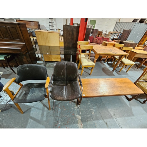 419 - A teak G Plan coffee table, a mid century armchair and a Pieff leatherette armchair