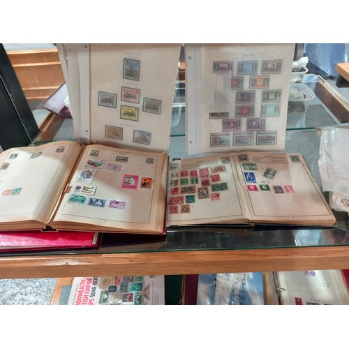 524 - Stamp albums, presentation packs and first day covers displayed over two shelves