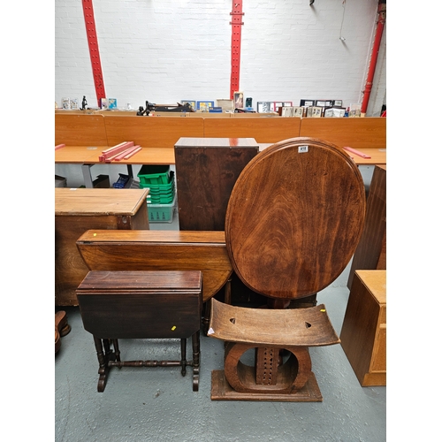 418 - Mahogany tilt top table, 2 Sutherland tables and a hardwood stool