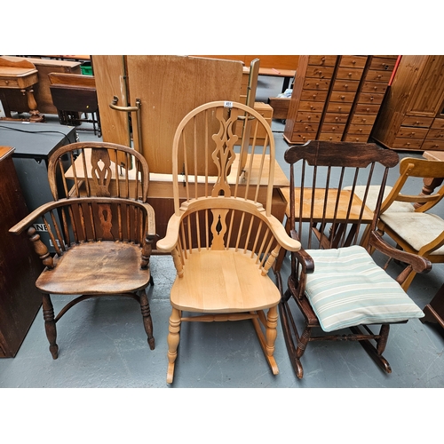 451 - 2 rocking chairs together with a Windsor armchair with crinoline stretcher