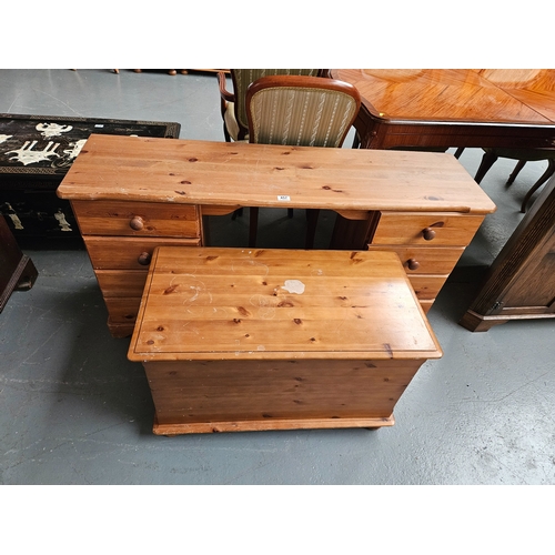 457 - A pine twin pedestal desk and a pine blanket box