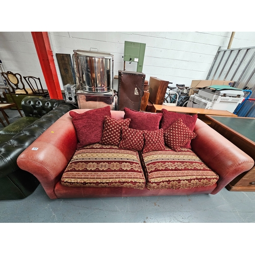 474 - A red leather Parker Knoll framed upholstered seated 3 seater sofa with scatter cushions (some fadin... 